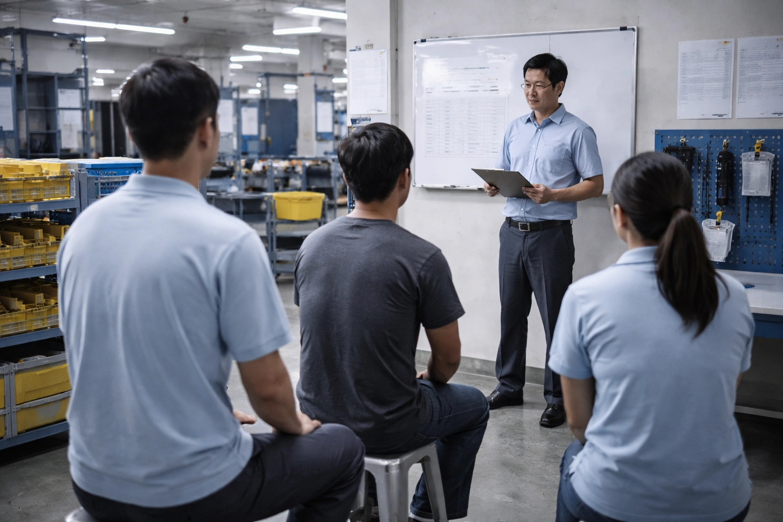 Factory safety training and manufacturing team management scene