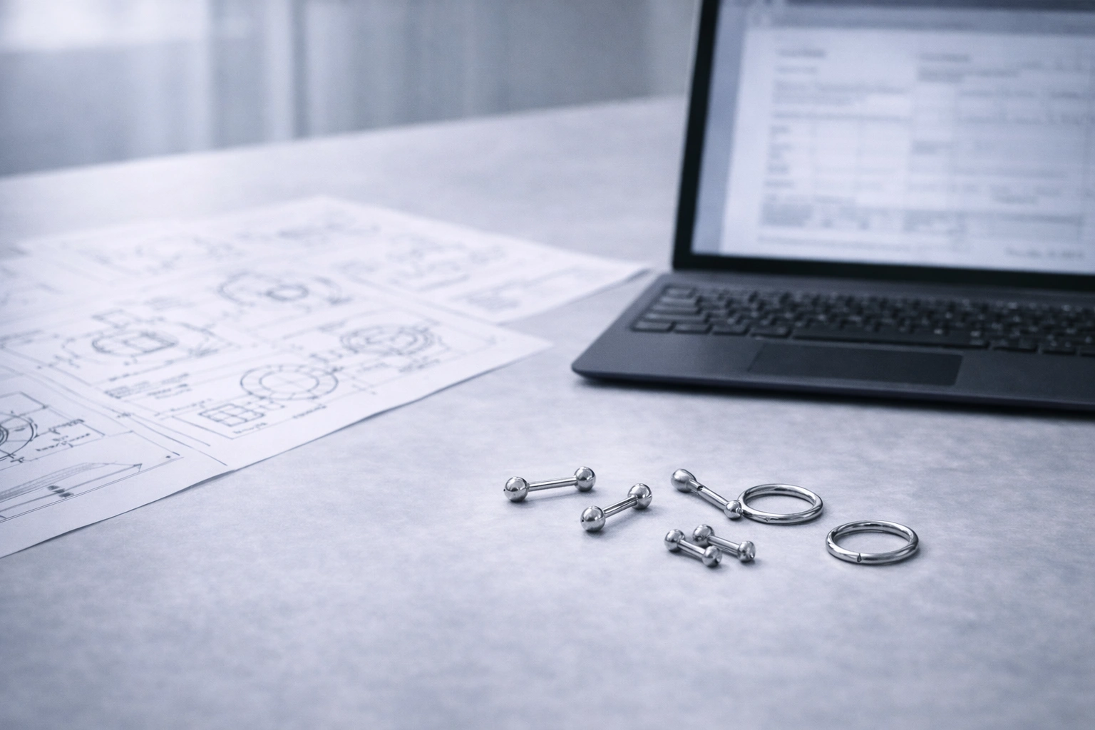 Engineering desk with technical drawings, laptop, and titanium jewelry sample parts
