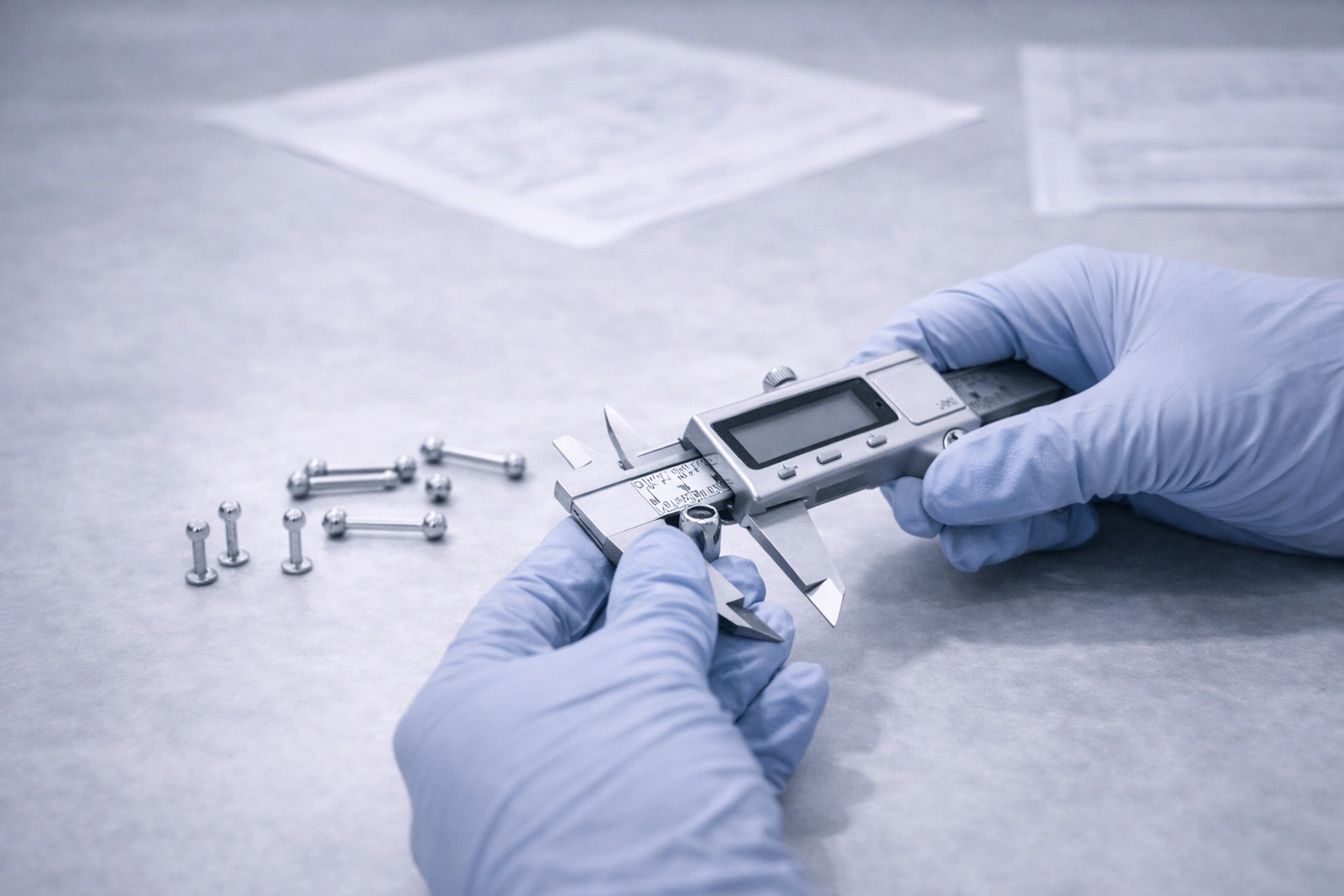 Quality control technician measuring implant-grade titanium piercing jewelry components with a digital caliper